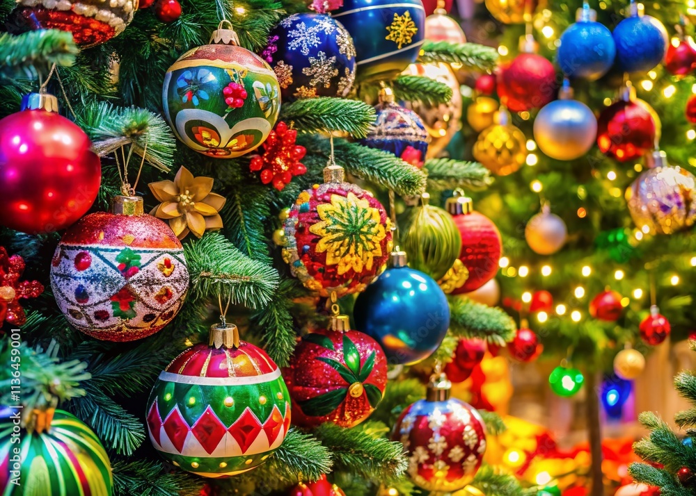 Close-up of a Vibrant Mexican Christmas Tree with Handmade Ornaments, Showcasing Bright Colors and Intricate Designs, Featuring Copy Space for Text on the Right Side Close-up of a Vibrant Mexican Christmas Tree with Handmade Ornaments, Showcasing Bright Colors and Intricate Designs, Featuring Copy Space for Text on the Right Side
