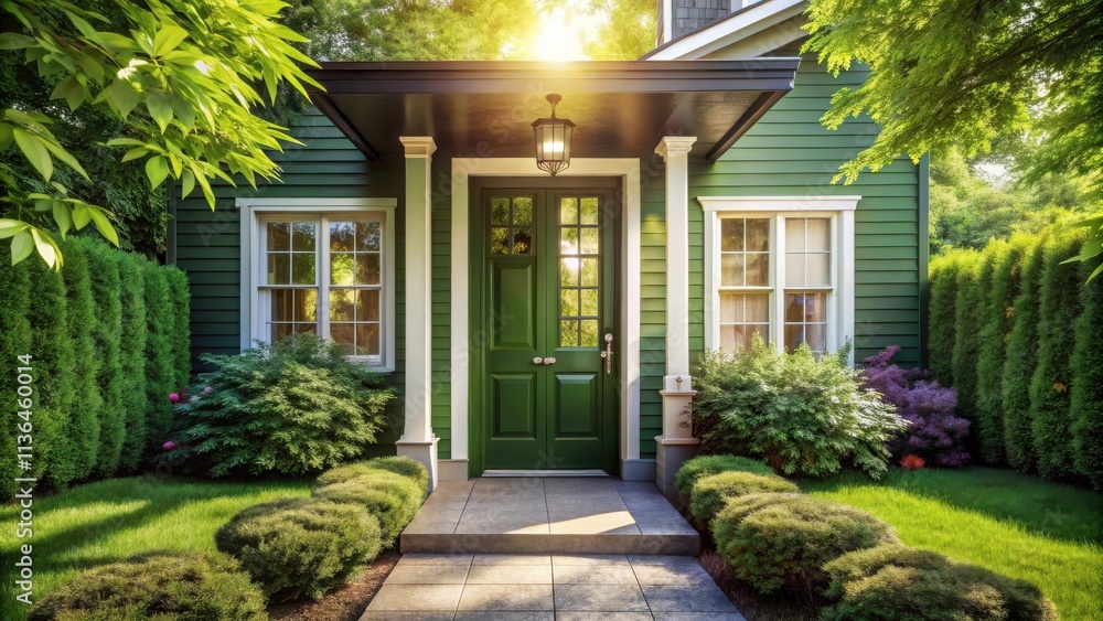 Obraz premium Charming Green House with Lush Landscaping and Sunlit Entrance