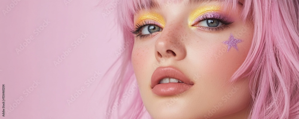 A close-up portrait of a person with colorful makeup against a pink background. A close-up portrait of a person with colorful makeup against a pink background.