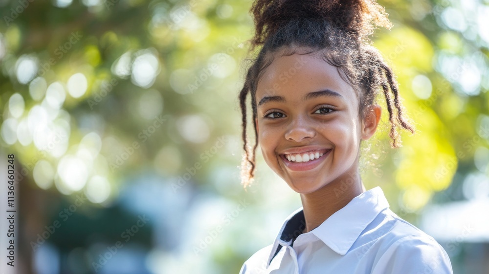 A student in uniform smiling outdoors, representing a positive school experience, with copy space A student in uniform smiling outdoors, representing a positive school experience, with copy space