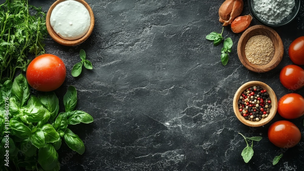 Fresh ingredients arranged on a dark surface for cooking preparations Fresh ingredients arranged on a dark surface for cooking preparations