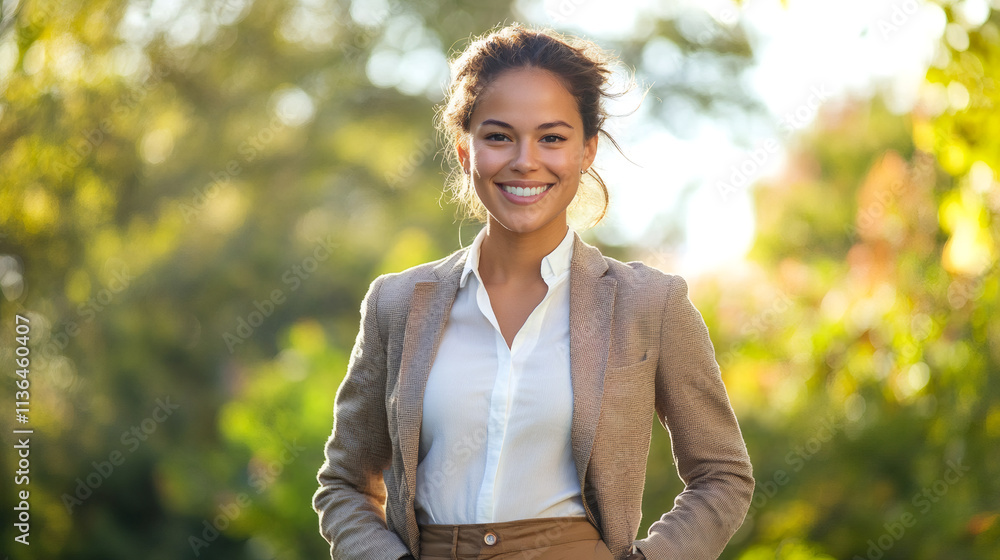 Smiling businesswoman enjoying a sunny day in the park, surrounded by vibrant autumn leaves and the beauty of nature Smiling businesswoman enjoying a sunny day in the park, surrounded by vibrant autumn leaves and the beauty of nature