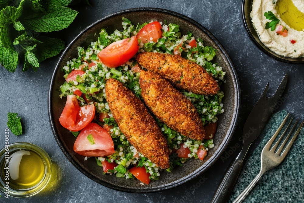 A delicious plate featuring kibbeh served with tabbouleh and hummus. A delicious plate featuring kibbeh served with tabbouleh and hummus.
