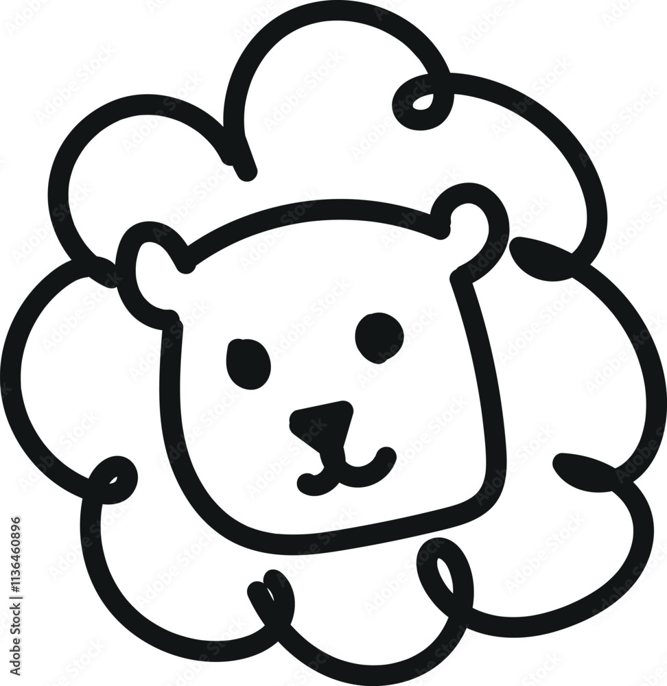Simple black line drawing of a lion's face with a round head, small circular eyes, a triangular nose, and a fluffy mane.
Simple black line drawing of a lion's face with a round head, small circular eyes, a triangular nose, and a fluffy mane.