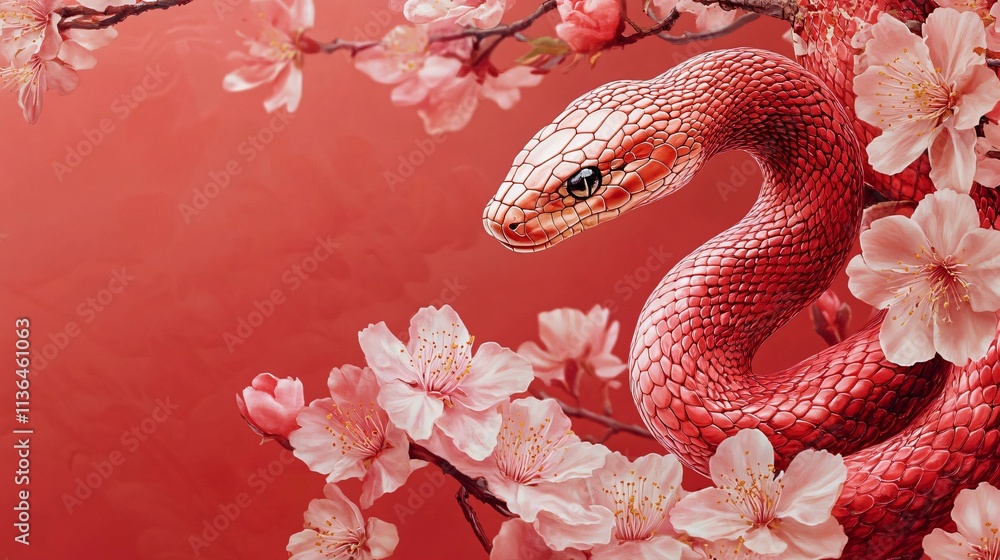 A vibrant vector illustration of a red snake among delicate pink cherry blossoms, ideal for Year of the Snake celebrations, Japanese cultural events, or artistic designs. A vibrant vector illustration of a red snake among delicate pink cherry blossoms, ideal for Year of the Snake celebrations, Japanese cultural events, or artistic designs.