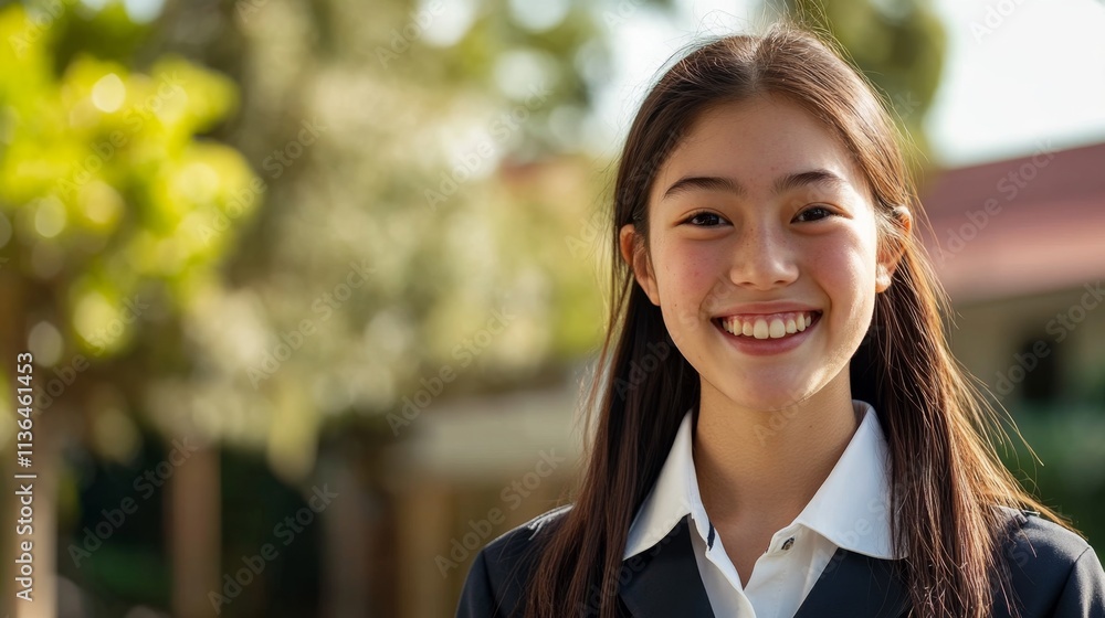 A student in uniform smiling outdoors, representing a positive school experience, with copy space A student in uniform smiling outdoors, representing a positive school experience, with copy space