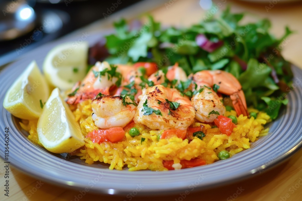 A colorful plate featuring shrimp, rice, and a fresh salad with lemon wedges. A colorful plate featuring shrimp, rice, and a fresh salad with lemon wedges.