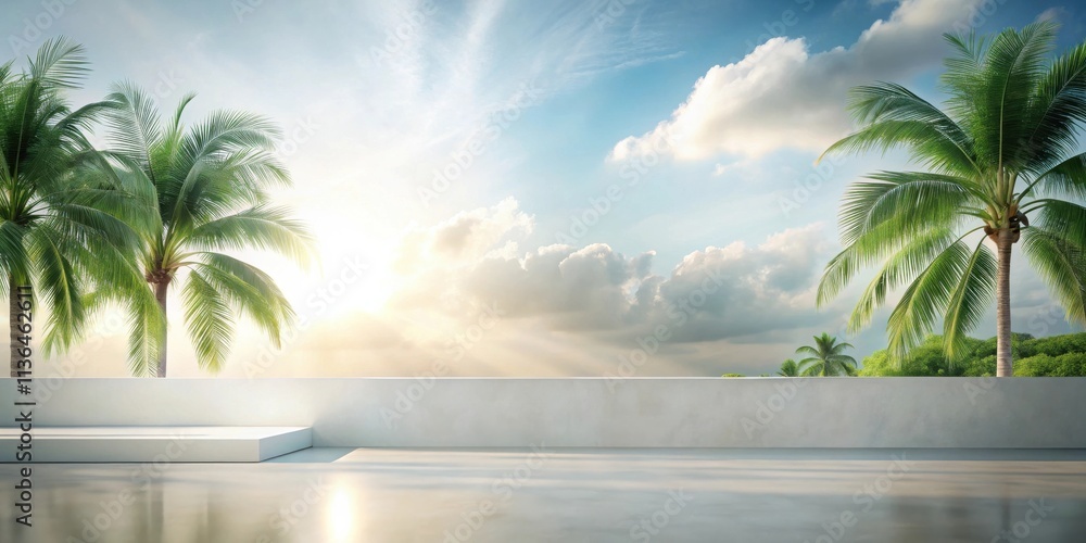 Fototapeta premium Serene Sunrise Vista Empty Platform with Tropical Palm Trees and Sunny Sky