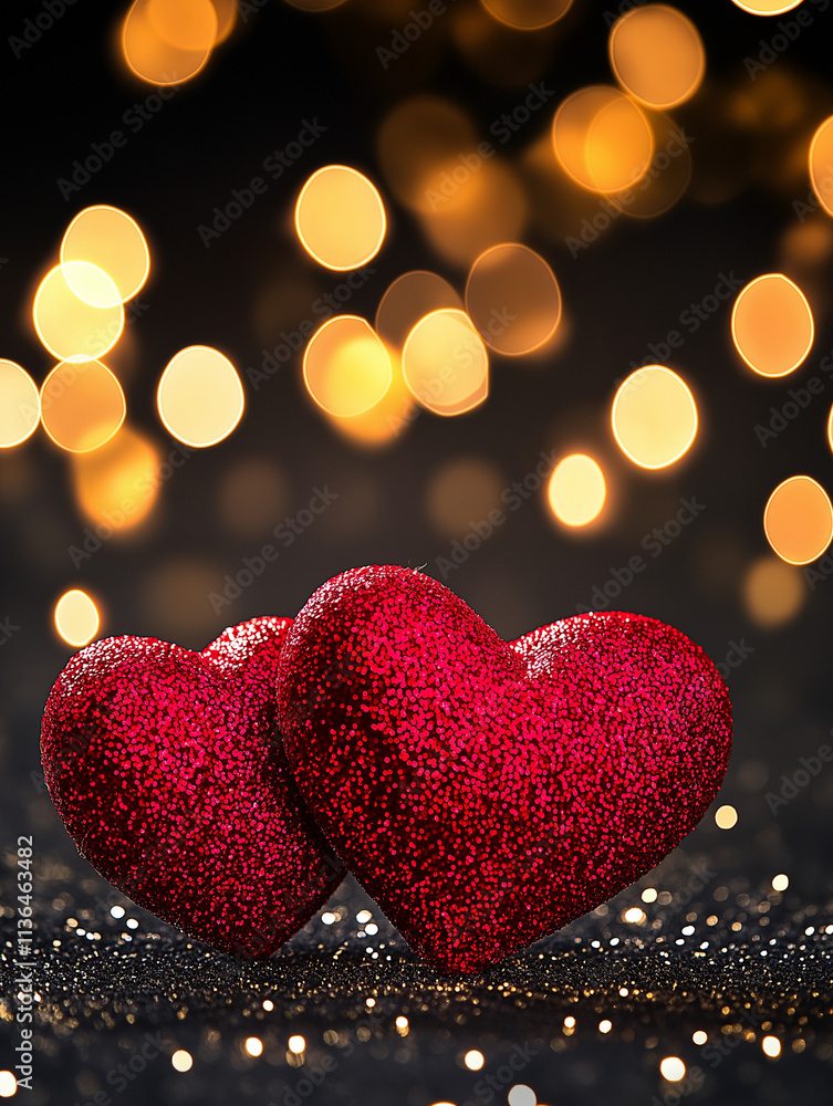 Sparkling Hearts: Two red velvet hearts shimmer under a cascade of golden bokeh lights, creating a romantic and enchanting scene for Valentine's Day, anniversaries, and love-themed celebrations. Sparkling Hearts: Two red velvet hearts shimmer under a cascade of golden bokeh lights, creating a romantic and enchanting scene for Valentine's Day, anniversaries, and love-themed celebrations.
