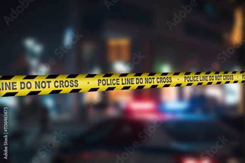 Close up of Yellow colored legal sliced line that is POLICE LINE DO NOT CROSS. Crime scene concept.