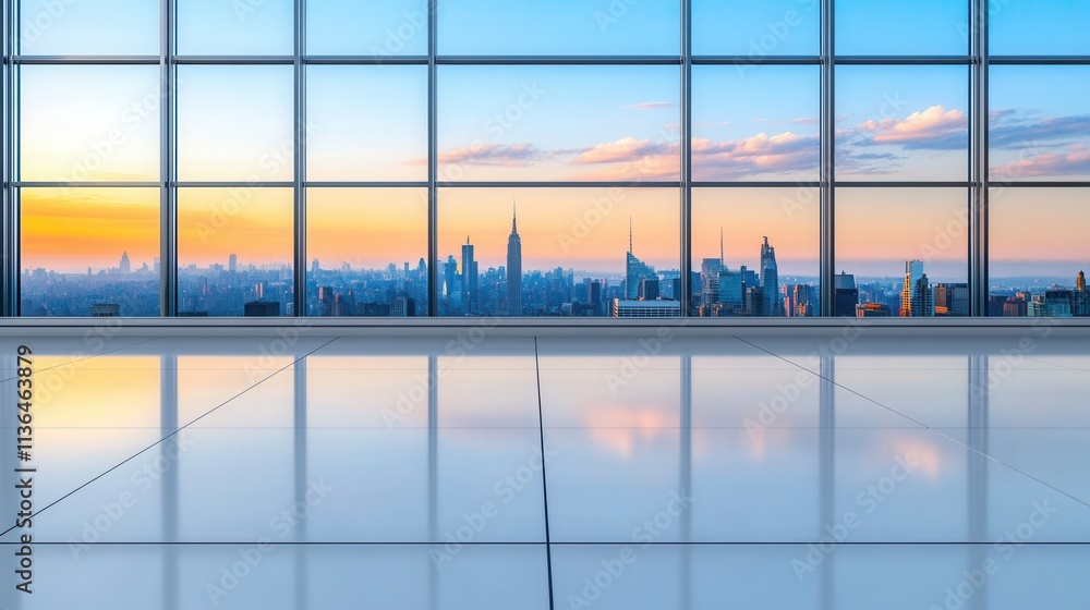 Fototapeta premium A professional cleaner using a squeegee to clean a large glass window with a beautiful cityscape reflected in it