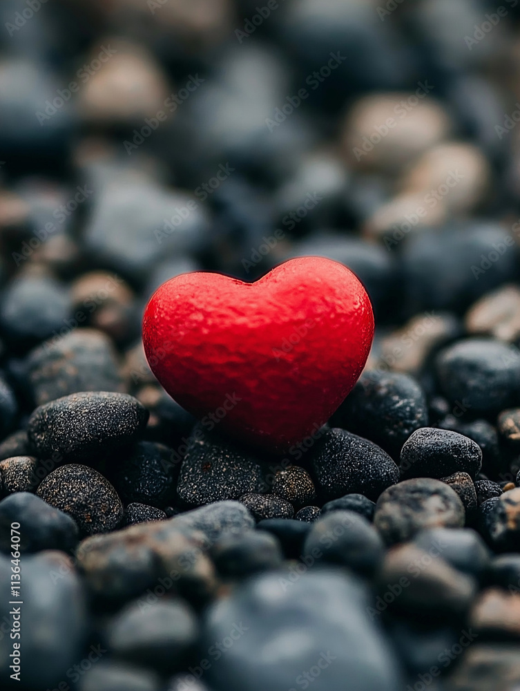 Obraz premium Heart of Stone: A single, vibrant red heart rests upon a bed of smooth, dark stones, symbolizing love, hope, and resilience amidst adversity. The heart's shape is strikingly prominent.