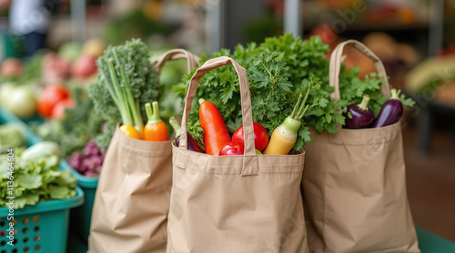 Reusable Cotton Grocery Tote Bags Shoppers Filled with Fresh Organic Vegetables at Farmers Market