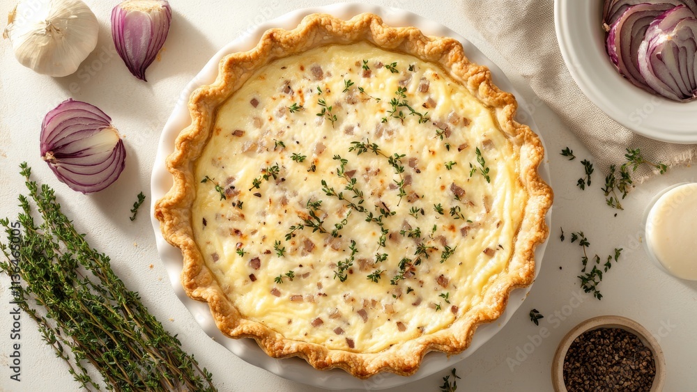 Savory quiche with creamy filling and fresh herbs on a white table Savory quiche with creamy filling and fresh herbs on a white table