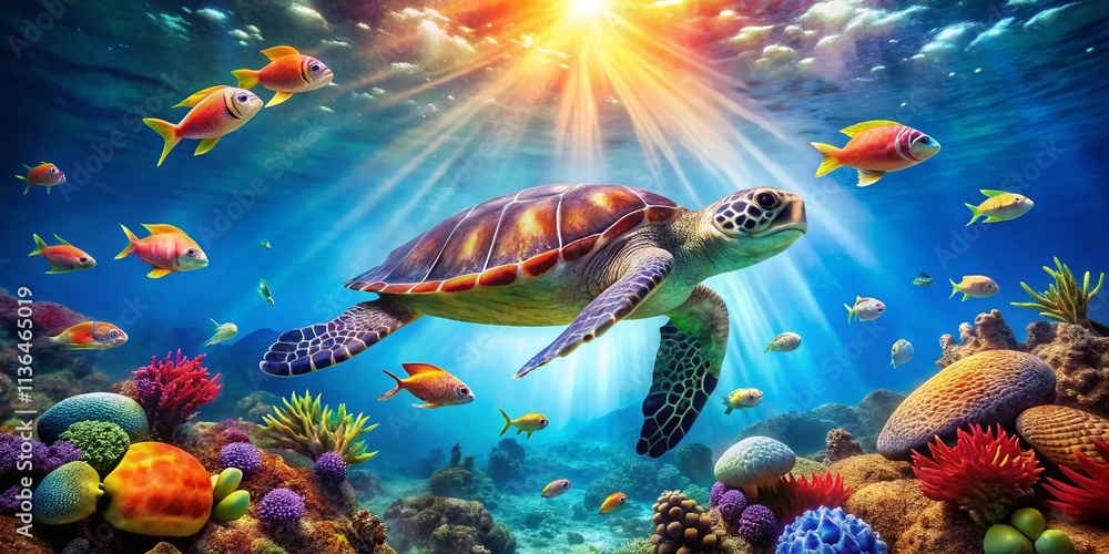 Naklejka premium Colorful Turtle Swimming Gracefully in a Tranquil Blue Ocean, Showcasing Vibrant Marine Life, Coral Reefs, and Serenity Underwater, Perfect for Nature and Ocean Enthusiasts