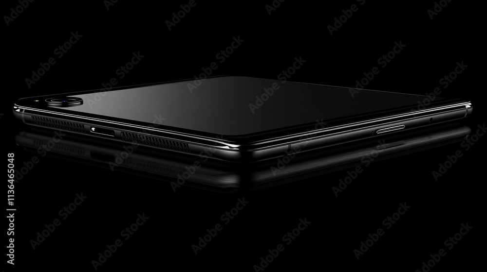 A sleek black smartphone angled on a reflective surface. A sleek black smartphone angled on a reflective surface.
