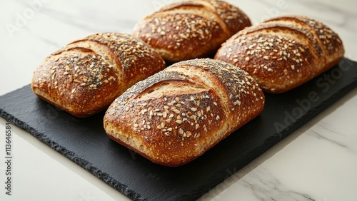 Freshly baked loaves of bread on a dark stone board