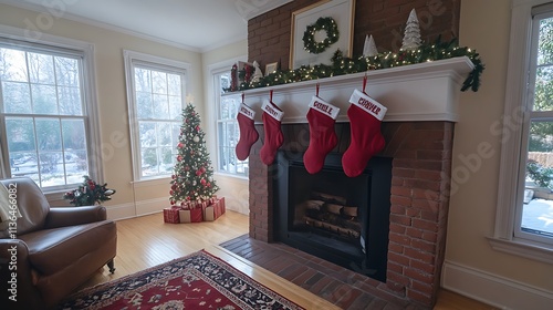 Three red stockings filled with holiday cheer hanging from a brick fireplace in a cozy living room setting photo