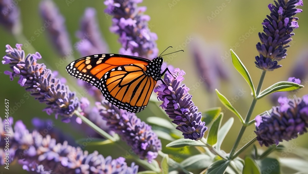 Obraz premium Monarch butterfly perched on lavender flowers, vibrant orange and black wings, summer nature scene, pollination, purple blossoms, wildlife photography, garden beauty, peaceful outdoor setting