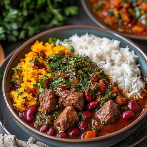 Hearty beef stew with kidney beans, rice, and saffron rice in a bowl.