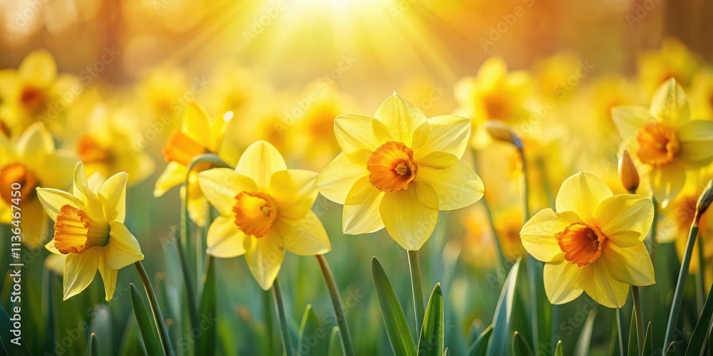 Obraz premium Golden daffodils bathed in sunlight, a vibrant spring scene of joyful blooms in a field