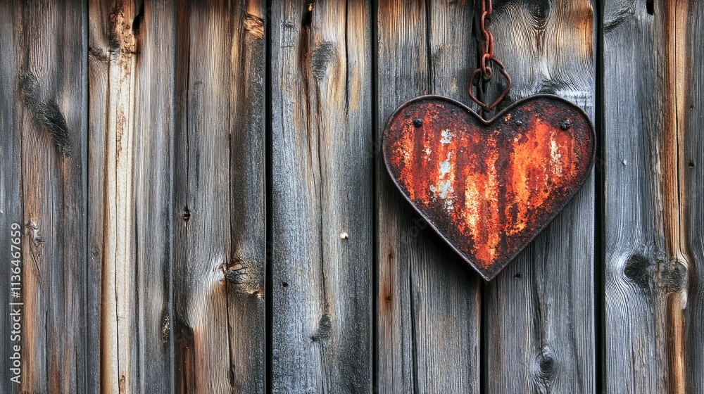 Rusty Heart Decoration Hanging on Weathered Wooden Planks Rusty Heart Decoration Hanging on Weathered Wooden Planks