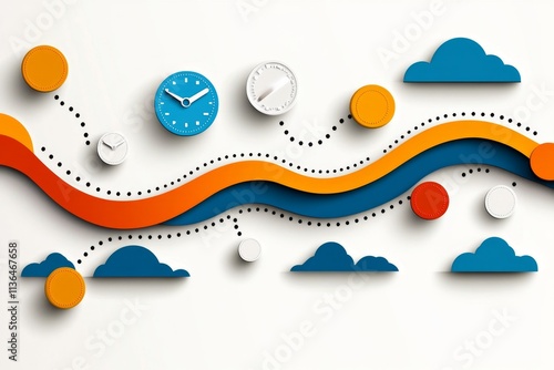 An abstract representation of a timeline with icons for major technological milestones in bold colors photo