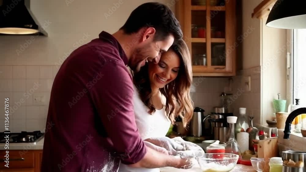 A man and woman are smiling and laughing while washing dishes in a kitchen. Scene is happy and lighthearted A man and woman are smiling and laughing while washing dishes in a kitchen. Scene is happy and lighthearted