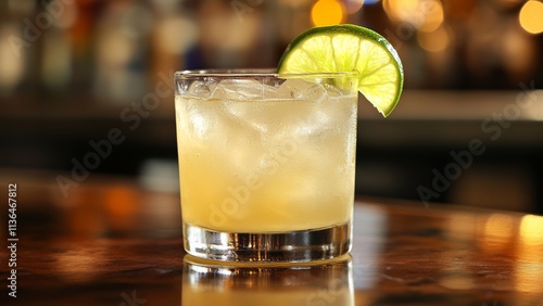 Refreshing cocktail served on a bar table with lime garnish