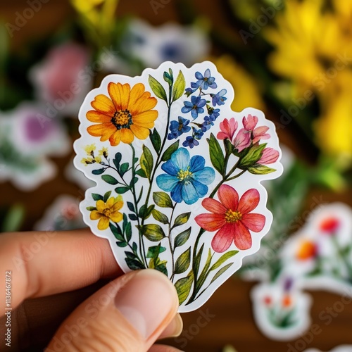 Colorful floral bouquet sticker held in hand.