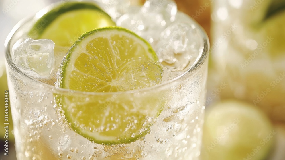 Refreshing beverage with lime slices and ice in a clear glass Refreshing beverage with lime slices and ice in a clear glass