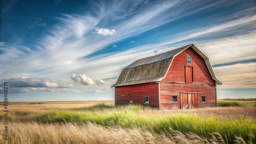 Rustic red barn stands solitary in a field of tall grass under a dramatic sky Rustic red barn stands solitary in a field of tall grass under a dramatic sky
