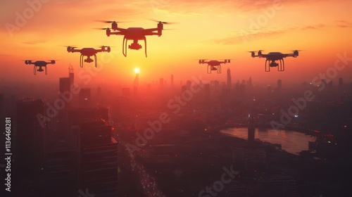 A swarm of high-tech drones flies over a futuristic desert cityscape during sunset, capturing the essence of advanced technology and aerial surveillance. 