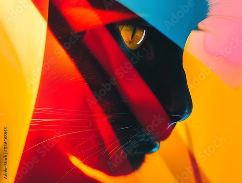 A vibrant abstract portrait featuring the silhouette of a cat against a backdrop of colorful geometric shapes and bold hues. photo