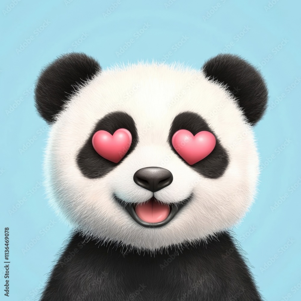 Happy Panda with Heart Eyes on Light Blue Background Happy Panda with Heart Eyes on Light Blue Background