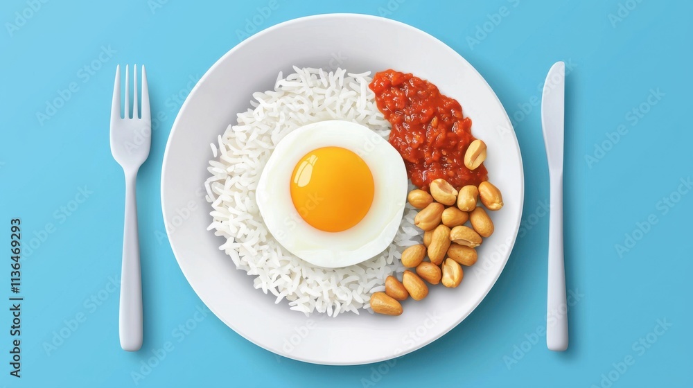 Flat Illustration of Delicious Malaysian Nasi Lemak with Egg and Accompaniments Flat Illustration of Delicious Malaysian Nasi Lemak with Egg and Accompaniments