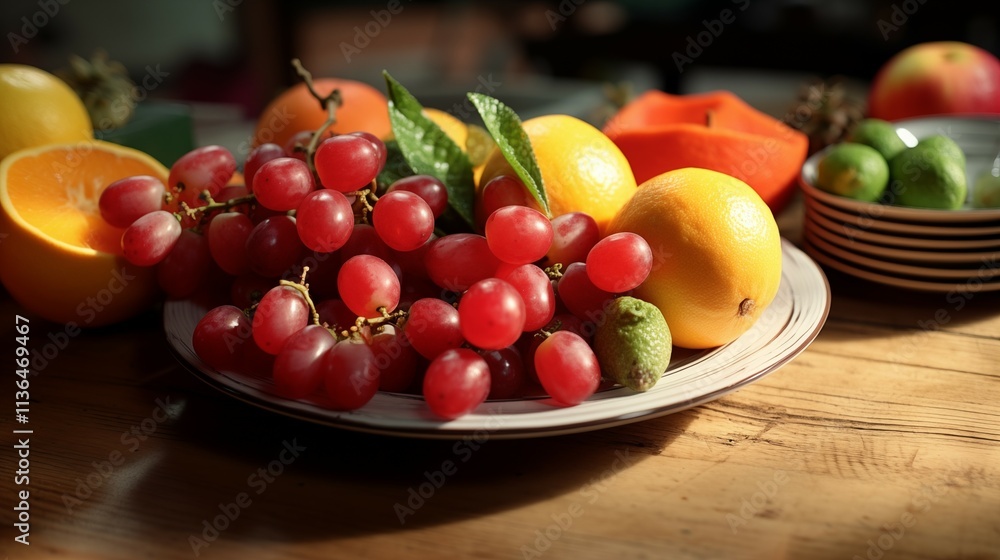 Fresh Fruit Platter: Healthy, Colorful, and Delicious Variety on Plate, Juicy Fresh Fruit Platter: Healthy, Colorful, and Delicious Variety on Plate, Juicy