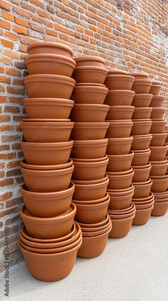 Stacks of vibrant red clay ceramic pots showcase artisanal craftsmanship against an ancient brick wall at sunrise Stacks of vibrant red clay ceramic pots showcase artisanal craftsmanship against an ancient brick wall at sunrise