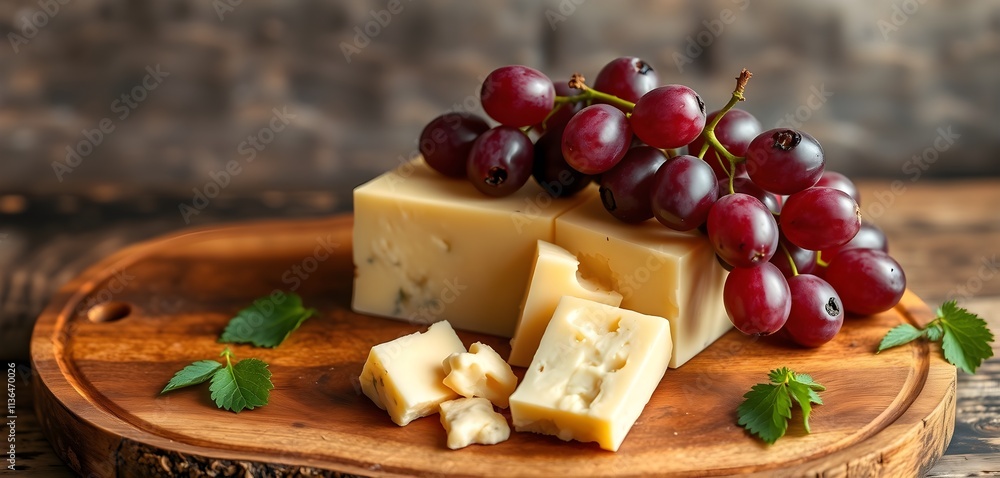 A wooden board features a block of cheese, grapes, and small cheese pieces, creating a rustic and inviting cheese platter. A wooden board features a block of cheese, grapes, and small cheese pieces, creating a rustic and inviting cheese platter.