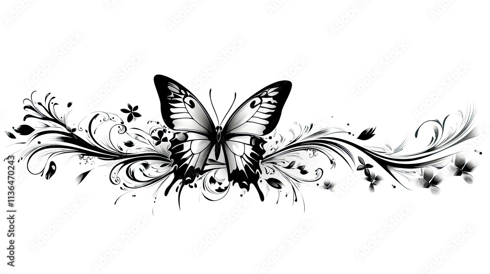 Black and white butterfly with floral design. Black and white butterfly with floral design.