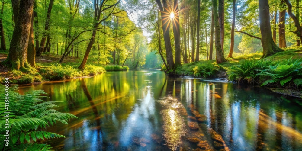 Serene sunlit stream reflecting lush green forest canopy Serene sunlit stream reflecting lush green forest canopy
