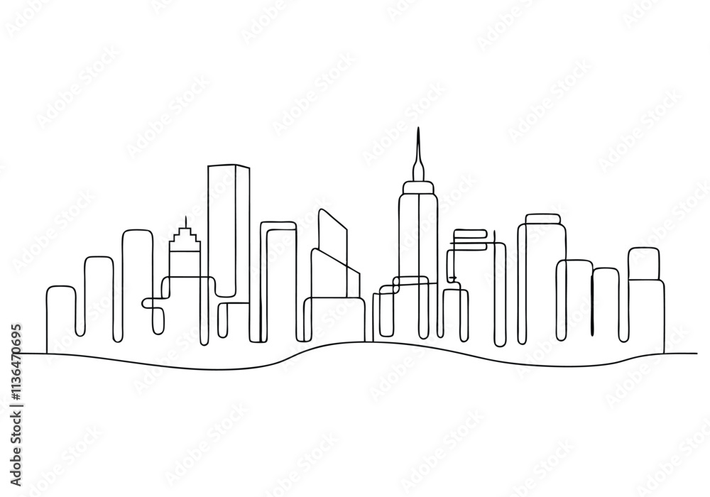 Fototapeta premium Continuous One-Line Drawing of a Cityscape - Minimalist Urban Art