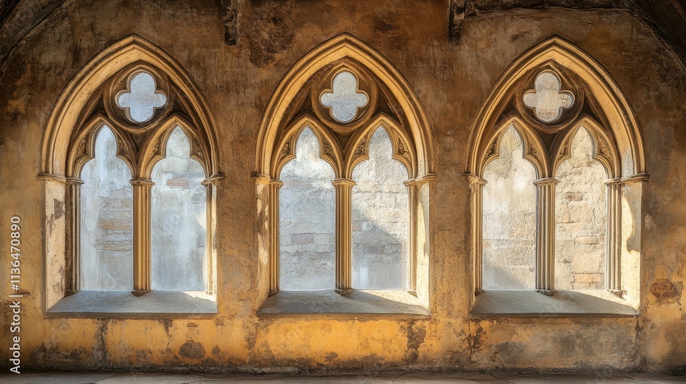 Fototapeta premium Gothic Arched Windows with Intricate Design in Historic Setting