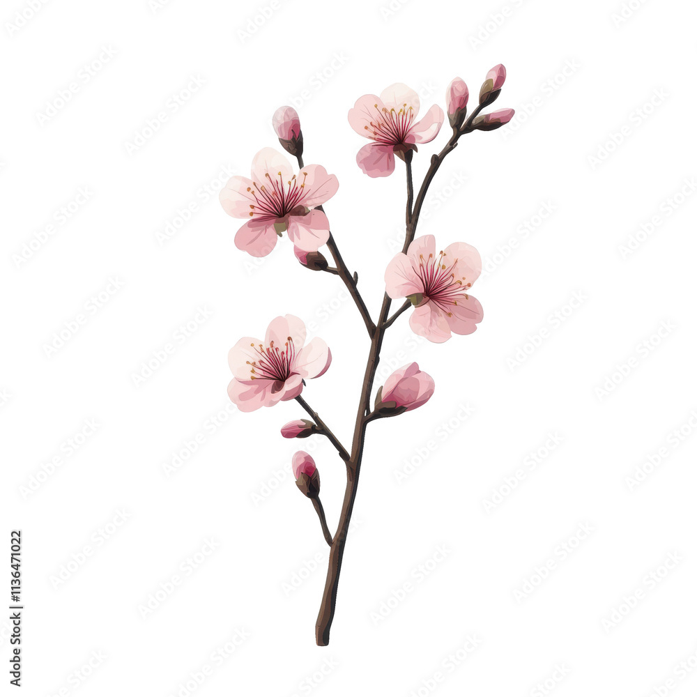 Beautiful pink cherry blossom branch with Sakura flower vector illustration on transparent background, PNG cutout photo Beautiful pink cherry blossom branch with Sakura flower vector illustration on transparent background, PNG cutout photo