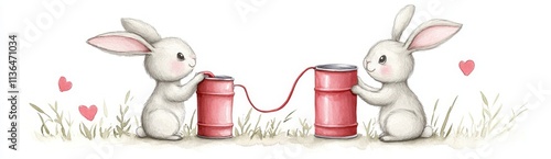 Two cute bunnies with heart-shaped ears using red can as telephone. Clipart watercolor style.