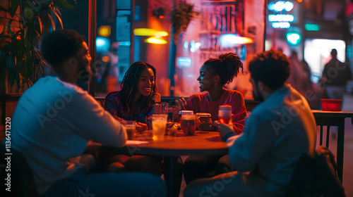 Vibrant Multicultural Friends Gathering in an Inviting Urban CafÚ with Warm Lighting and Heartfelt Conversations