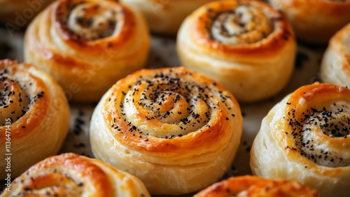 Freshly baked circular pastries with poppy seeds on top photo