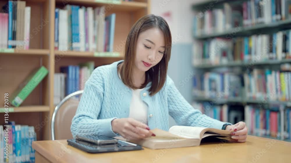 A woman is sitting at a desk in a library, reading a book. She is wearing a blue sweater and has red nails. Concept of quiet concentration and focus as the woman immerses herself in her reading A woman is sitting at a desk in a library, reading a book. She is wearing a blue sweater and has red nails. Concept of quiet concentration and focus as the woman immerses herself in her reading