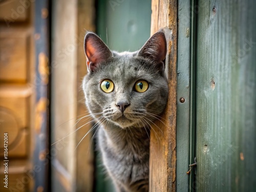 Curious Gray Cat Door Peek - Adorable Pet Photography photo