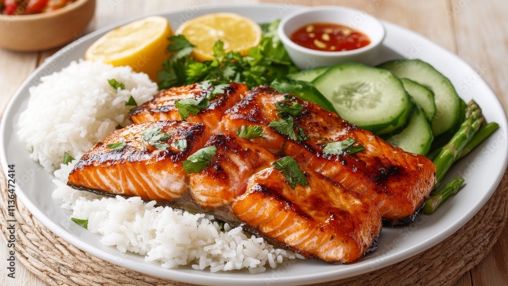 Delicious grilled salmon served with fresh vegetables and rice Delicious grilled salmon served with fresh vegetables and rice